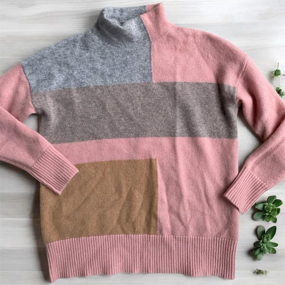 Magaschoni Cashmere Colorblock Turtleneck Sweater Small - Pink, Gray, Brown - Picture 1 of 4